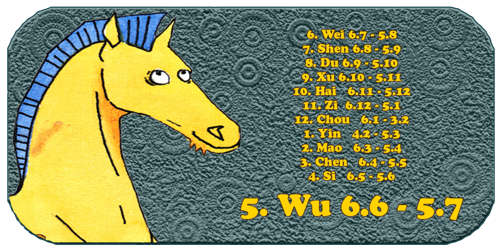 Zodíaco Chinês | Os Doze Animais Chineses | Cavalo, junho, mês 5, Wu