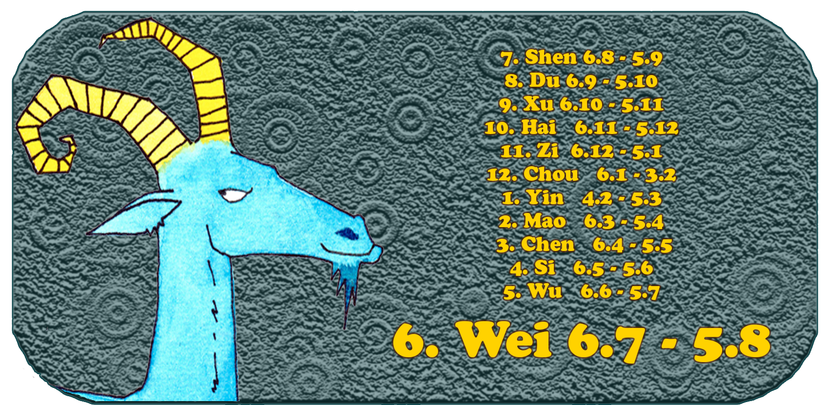 Zodíaco Chinês | Os Doze Animais Chineses | Cabra, julho, mês 6, Wei